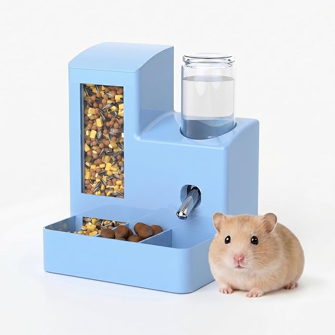 Hamster Water Bottle and Food Bowl, No Drip 2-in-1 Automatic Feeder and Waterer, Gravity Self Feeding Guinea Pig Feeder for Small Pets, Hamster Cage Accessories, 5.51 x 4.33 x 6.49 Inch