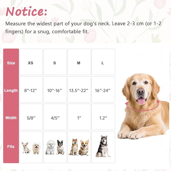 Dog Collars for Medium Dogs, Summer Dog Collar with Tulip Patterns, Floral Dog Collar Tulip with Pendant, Adjustable Durable Cute Collars Flower Gift for Medium Large Dogs-M