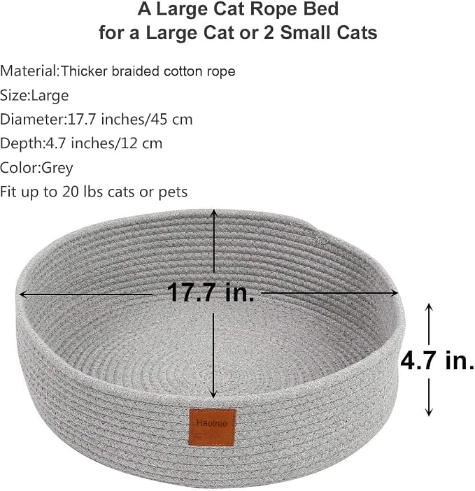 Large Cat Bed Basket Round Cotton Rope Woven - Calming Rope Bed Sleep Surface 17.7 inches(45 cm),Cozy Scratching Indoor Pet Bed for a Large Cat or 2 Small Cats,Fit up to 20 lbs Pets,Washable,Grey