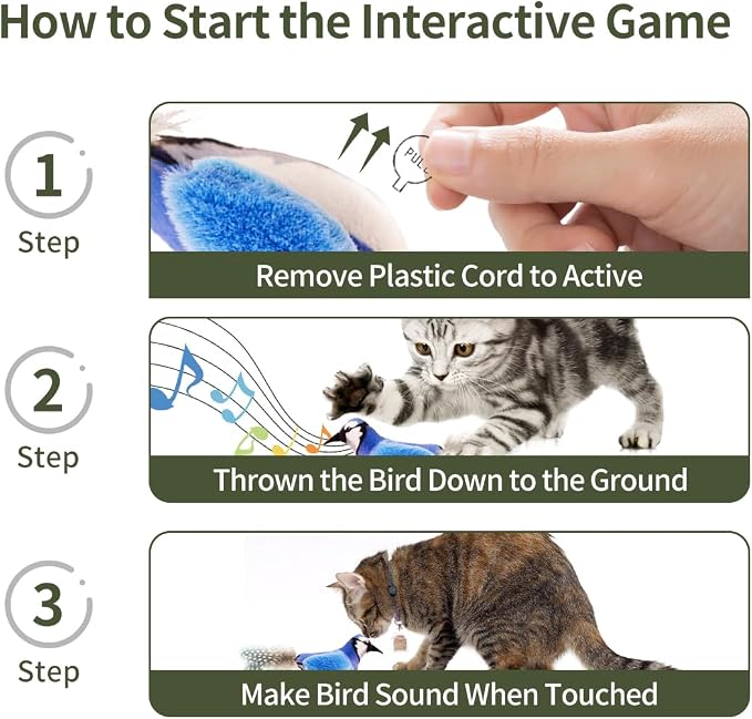 Catnip Cat Toys Satisfy Cat's Natural Hunting Instintion for Indoors Cats Feather Toys Interactive with Lifelike Chirp Sound Chirping Bird Kitten Toy (2 Pack)