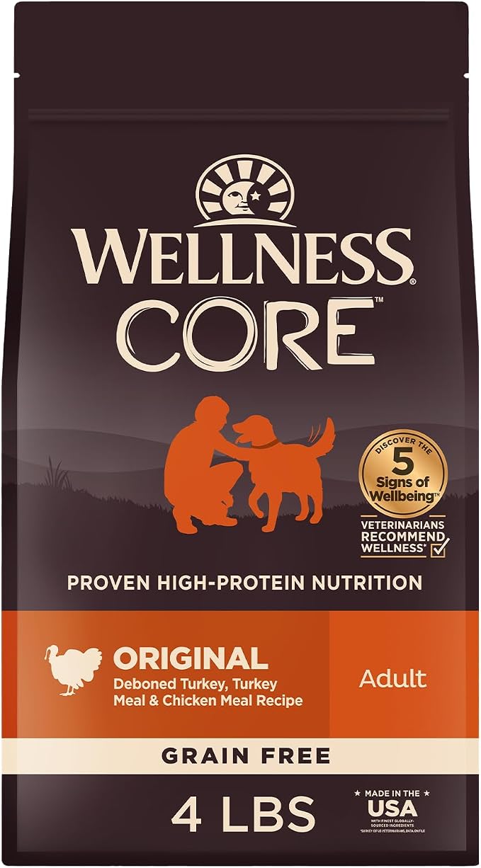 Wellness CORE Adult Dry Dog Food, Grain Free Kibble, Natural, High Protein, Turkey and Chicken Recipe, 4 lb Bag