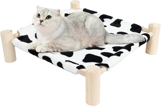 Patas Lague Cat and Dog Hammock Bed for Small Dogs, Brethable Wooden Cat Pet Rabbit Elevated Bed Cots Furniture for All Seasons Fleece Cow Print