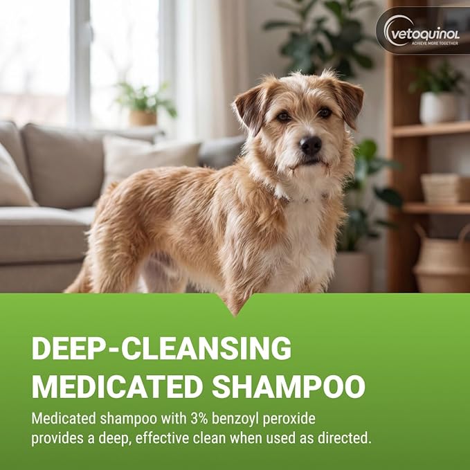 Vetoquinol BPO-3 Shampoo for Dogs, Cats & Horses (3% Benzoyl Peroxide) – 16oz – Deep Cleaning, Medicated Shampoo Opens & Flushes Hair Follicles – Degreases Oily Coats – Soothes Red, Flaky, Itchy Skin