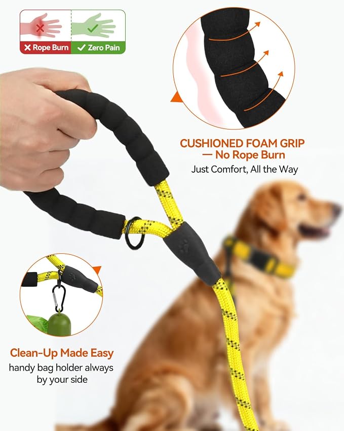 Joytale Dog Leash for Large Dogs, Heavy Duty Nylon Leashes with Comfortable Padded Handle and Highly Reflective Threads, Ideal for Walking and Training, Yellow, 5'×1/2''