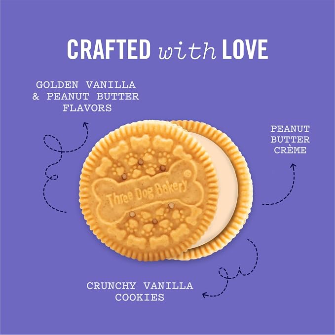 Three Dog Bakery Lick'n Crunch Sandwich Cookies Premium Dog Treats with No Artificial Flavors, Golden & Peanut Butter Flavor, 13 Ounces (Pack of 6)
