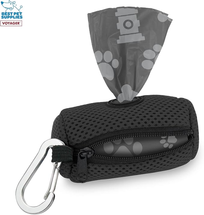 Best Pet Supplies Dog Poop Bag Holder Leash Attachment with 15 Bags, Black, Reusable Mesh Dispenser Pouch for Travel, Walking, Park, and Outdoor Use, Soft and Durable with Clip-On