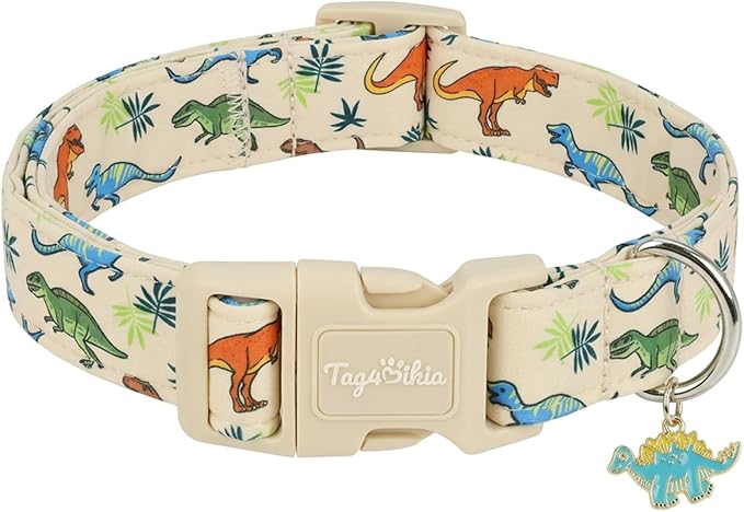 Dinosaur Dog Collar, Cute Boy Dog Collars for Small Medium Large Dogs, Soft Cotton Adjustable Puppy Collar with Dino Pattern, Male Dogs Pet Collar for Gifts & Daily Use-XS