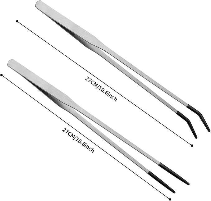 Novery 2PCS Stainless Steel Reptile Feeding Tongs with Rubber Tip, 10.6” Straight & Curved Long Tweezers for Aquarium or Craft, Bearded Dragon Tank Snakes Enclosure Accessories, Terrarium Supplies