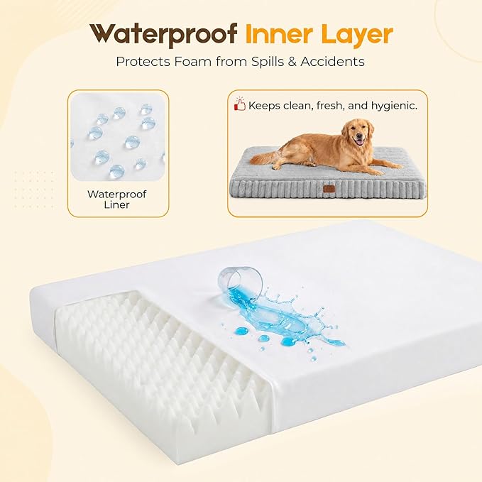 Orthopedic Dog Bed for Large Dog, Waterproof Pet Bed for Crate,Non-Slip Bottom and Egg-Crate Foam with Removable Washable Cover Crate Bed,Grey,35"x22"x3"