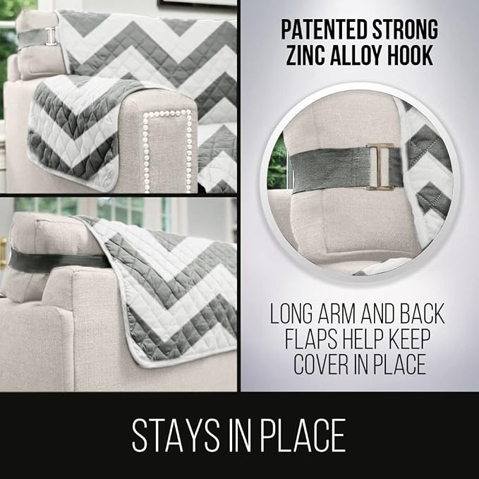 Sofa Shield® Couch Slip Covers for Dogs, Reversible Furniture Protector with Strap, Stain and Tear Resistant Cushion Cover, 62 inch Seat, Machine Washable Slipcover Pets, Cats, Chevron Gray
