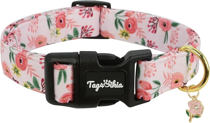 Dog Collar with Roses Patterns, Spring Summer Collection Pink Dog Collar with Exquisite Pendant, Durable Adjustable Collars for Gifts & Daily Use-M