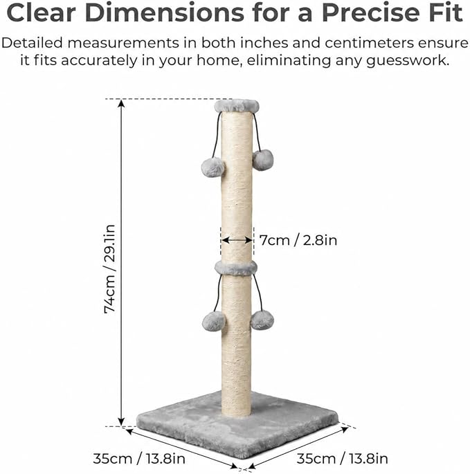 Dimaka 29'' Cat Scratching Post, Natural Sisal Rope Scratcher Post, Kitten Claw Scratch with 4 DanglingToy Balls for Large Cats (Grey)