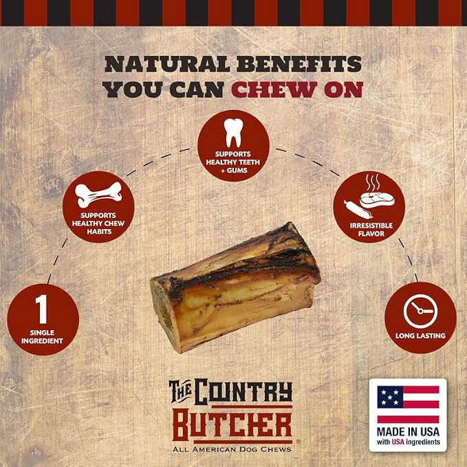 THE COUNTRY BUTCHER 4" Beef Marrow Dog Bones for Aggressive Chewers, Medium Breed Dog Treat, with Collagen, Natural, Tough, Chew Toy, Made in the USA, 6 Count
