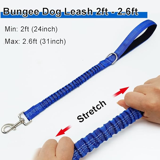 2FT Bungee Dog Leash, Short Nylon Traffic Leash with Padded Handle, Reflective Thread, Shock Absorbing for Large Medium Dogs Training Controlling Walking, Dark Blue