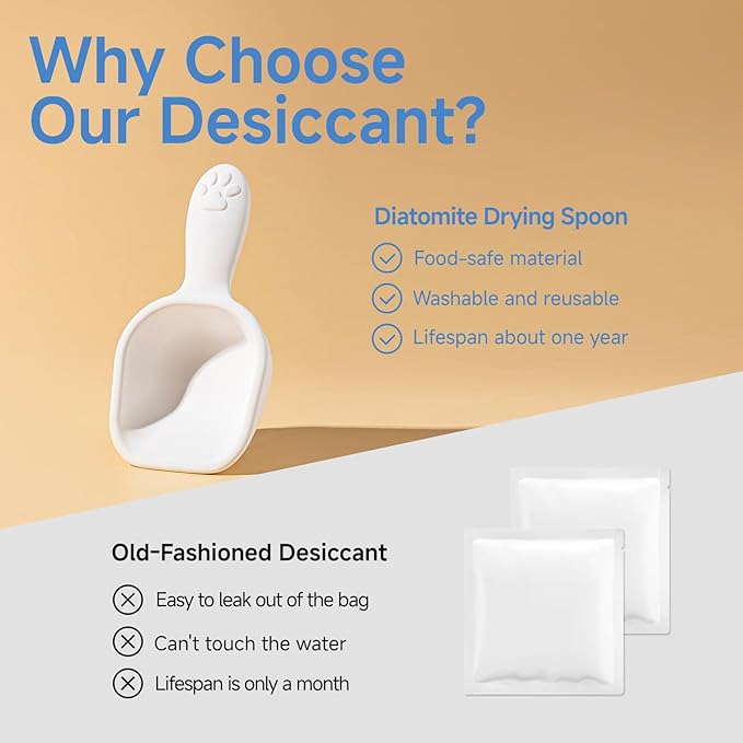Diatom Drying scoop 1/4 Cup for Pet Food, Keep Food Fresh Desiccant to Dry Deodorization Rapid Water Absorption, Pet Food Scoop for Dog Cat, Comfortable Long Handle for Easy to Scoop Food
