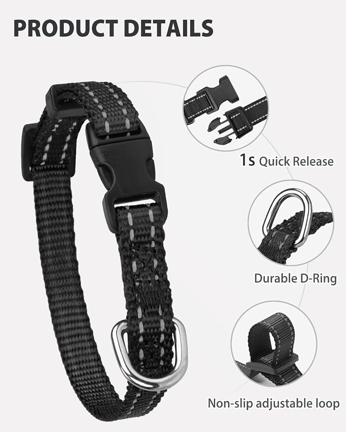 Joytale Puppy Collar, Feather-Light Double-Sided Reflective Nylon Collar for Night Safety, Adjustable Quick-Release for Extra Small Dogs, Black, XS (3/8" Width)