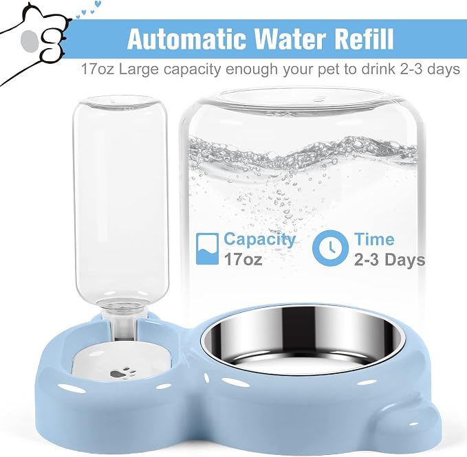Double Dog Cat Bowls, Cat Food and Water Bowl Set with Auto-Water Dispenser and Stainless Steel Bowl Feeder for Small Size Dogs & Cats, Anti-Slip & Splash Design, Cute Blue