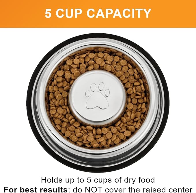 Neater Pet Brands Stainless Steel Slow Feed Bowl - Non-Tip & Non-Skid - Stops Dog Food Gulping, Bloat, Indigestion, and Rapid Eating (5 Cup)