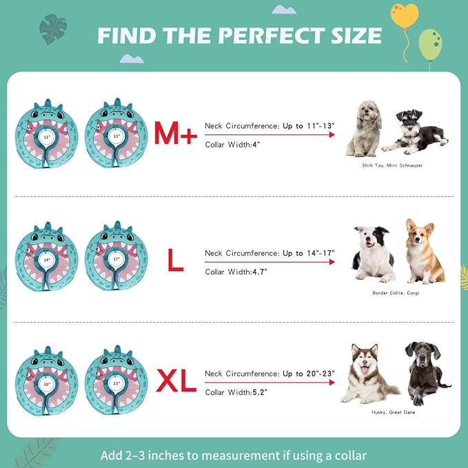 IEUUMLER Inflatable Recovery Dog Collar, Protective Donut Cone, Adjustable Soft Collar for Dog and Cat After Surgery Prevent from Biting & Scratching EU002 - Teal Dinosaur XL