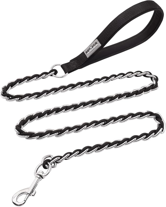 Dog Leash Chew Proof, Chain Leash Anti Chew Dog Leash for Large Dogs Heavy Duty, Indestructible Metal Leash Anti Bite Chain Link with Woven Cord Soft Padded Handle (Black, 4FT)