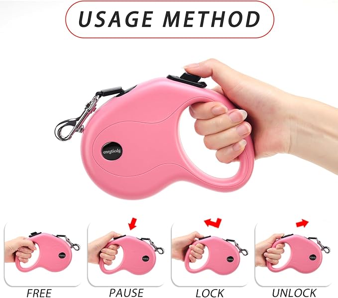 enrgticdg 16Ft Retractable Dog Leash,Light Weight Leash for Small to Medium Dogs/Cats Up to 50lbs,Stainless Steel Spring Strong Nylon Tape, Tangle Free, One-Handed Brake.(Pink-Black)