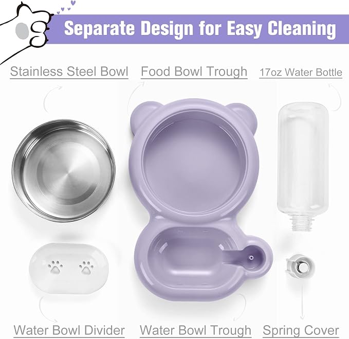 Double Dog Cat Bowls, Cat Food and Water Bowl Set with Auto-Water Dispenser and Stainless Steel Bowl Feeder for Small Size Dogs & Cats, Anti-Slip & Splash Design, Cute Purple