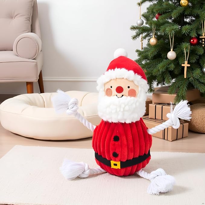 Pearhead The Real Santa Claus Holiday Dog Toy, Durable Corduroy Rope Toy, Stuffed Plush Chew Toy with Loud Squeaker, Christmas Stocking Stuffer for Pets