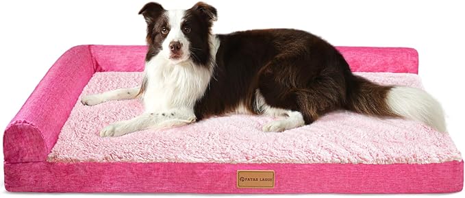 Patas Lague Orthopedic XL Dog Bed Large Sized Dog 42''X28'', Waterproof L Bolster Big Large Pet Sofa Beds with Removable Washable Cover, Soft Pet Couch Crate Mat with Nonskid Bottom, Pink