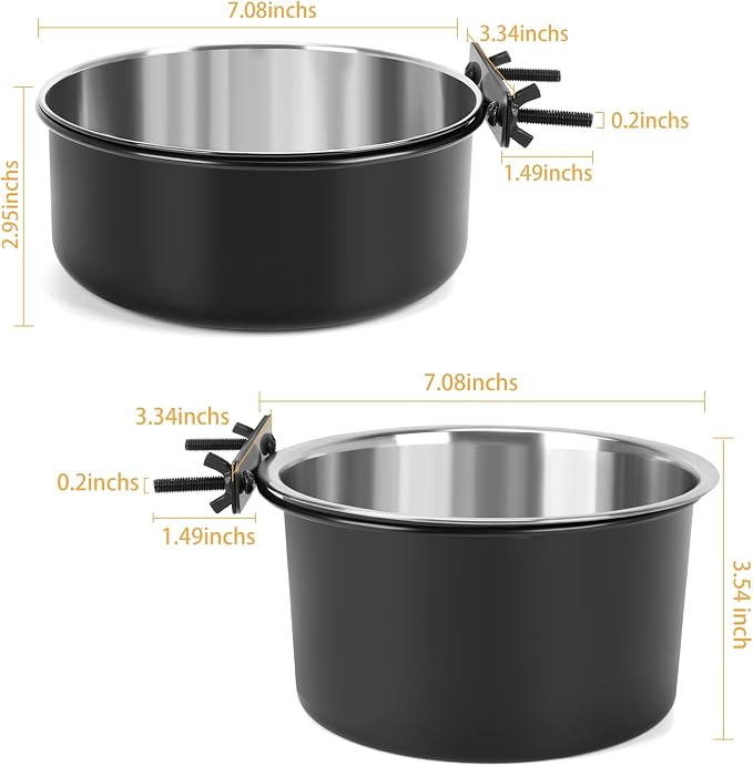 2 Pcs Black Large Pet Dog Food Water Bowl for Cage Stainless Steel Non-Spill Kennel Hanging Cats Bowls with Clamp Holder Crate Feeder Dish for Medium Large Dogs Huge Pets (7.1x3.7'' & 7.1x2.5'')