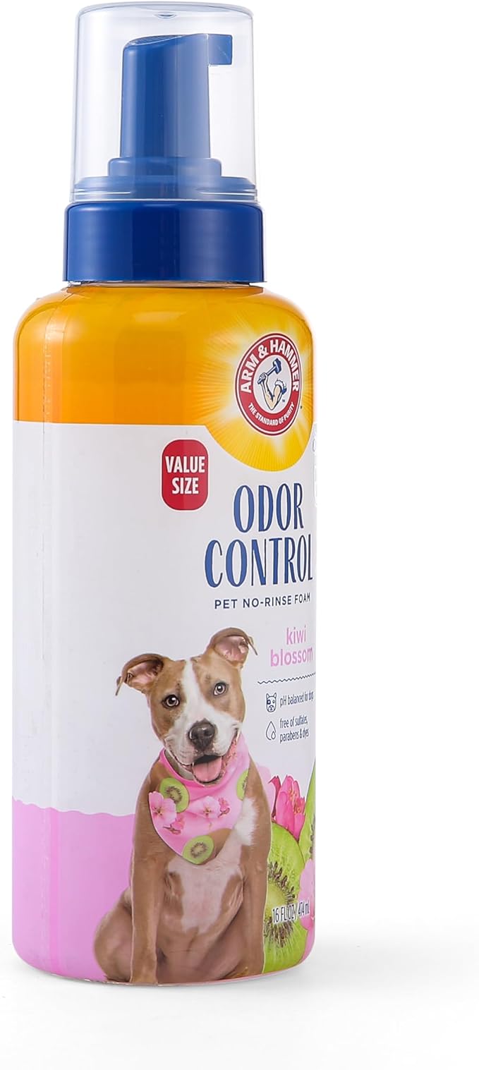 Arm & Hammer for Pets Odor Control No-Rinse Foam for Dogs, Kiwi Blossom Scent, Waterless Baking Soda Dog Deodorizer, pH Balanced, Free of Sulfates and Parabens, 16 Fl Oz