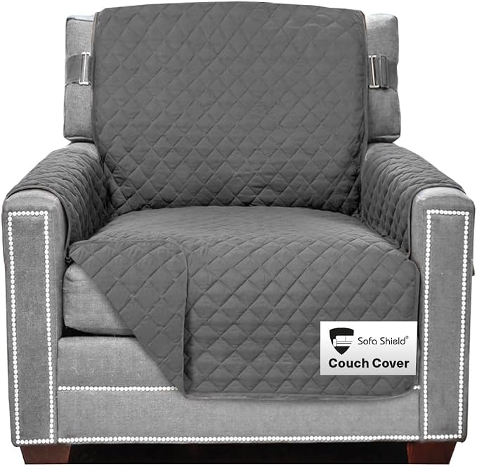 Sofa Shield® Couch Armchair Covers for Dogs, Reversible Furniture Protector with Strap, Stain and Tear Resistant Cushion Cover, 23 inch Seat, Machine Washable Slipcover Pets, Cats, Charcoal