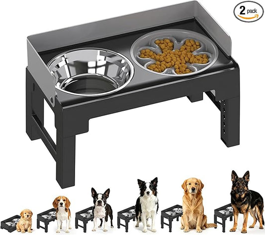 PAKEWAY Elevated Dog Bowls, Spill Proof, Tiltable Dog Feeder with 1 Slow Feeder Bowl &1 Stainless Steel Bowl, 6 Height Adjustable Raised Dog Bowls Stand for Medium Large Dogs