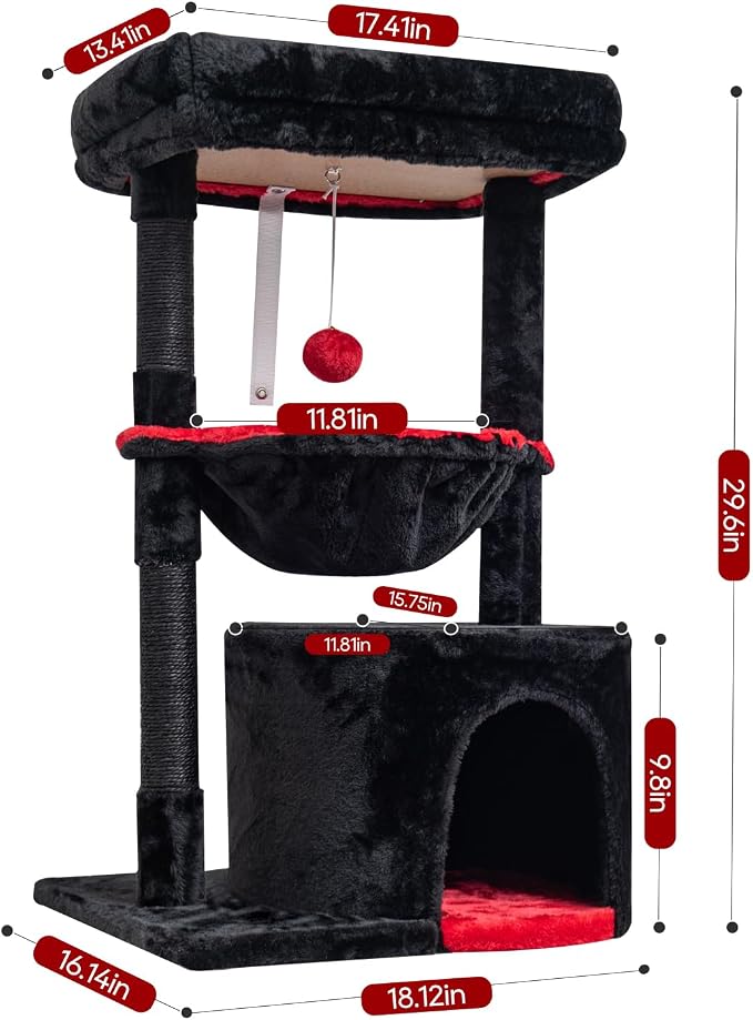 SYANDLVY Gothic Cat Tree with Coffin Bed for Indoor Cats, Small Cat Tower with Scratching Post, Modern Activity House Condo with Cradle, Kittens Cave, Black & Red
