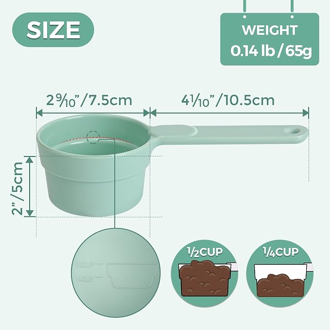 ComSaf MSBC Measuring Dog Food Scoop - 1/2 Cup Scoop Measuring Cup for Dog Cat Ferret Rabbit Bird Food, Melamine Half Cup with Handle, Food-Grade 1/4 Pet Feed Scoop, Dishwasher Safe, Green