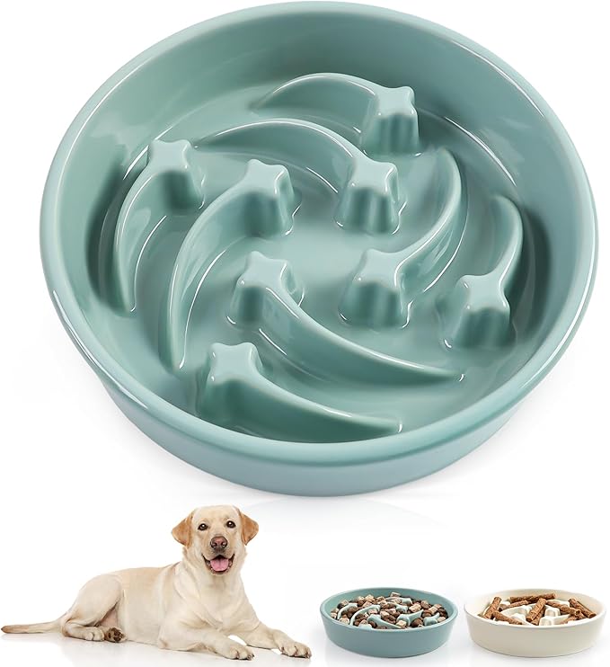 Ceramic Slow Feeder Dog Bowls, 1.5 Cups Dog Food Dish for Medium and Large Breed, Puzzle Dog Food Bowl for Fast Eater, 28OZ, 8.15 inch(Light Green)