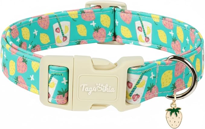 Cute Summer Dog Collar with Strawberry Lemon Pattern, Soft Cotton Girl Dog Collar Pet Accessory, Adjustable for Small Medium Large Dogs, Gift for Boys Girls Dogs-M