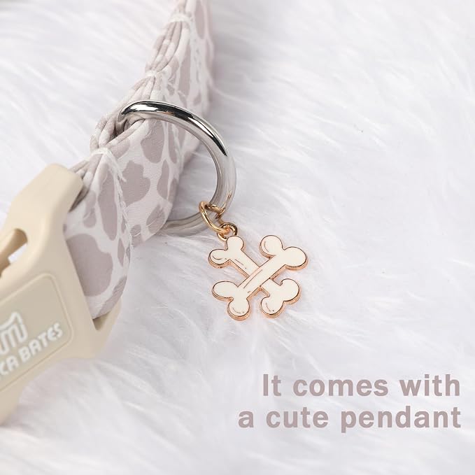 Maca Bates Beige Leopard Cute Dog Collar for Large Boy Girl with Bone Charm,Leopard Pattern,Adjustable Durable Soft Comfortable Birthday Gift Collars for Male Female Puppy