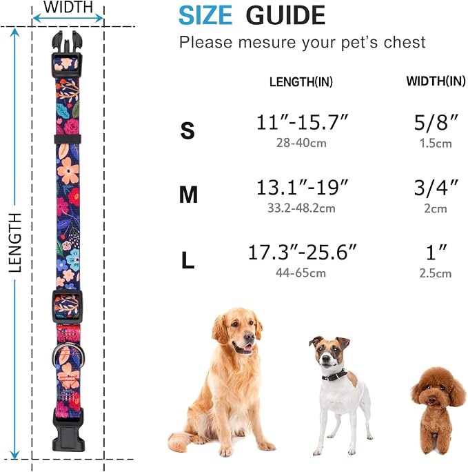 Dog Collar for Small Dogs Special Design Cute Floral Plant Pattern Girl Female Pet Collar (Black, S)