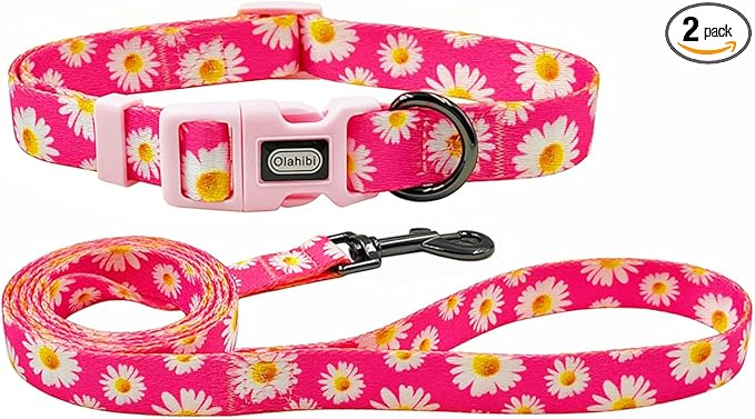 Dog Collar and Leash Set, Cute Pink Daisy Pattern, Polyester Material, 5ft Leash, for Small Dogs.(S, Daisy Set)