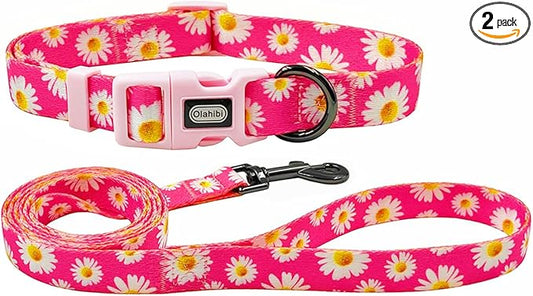 Dog Collar and Leash Set, Cute Pink Daisy Pattern, Polyester Material, 5ft Leash, for Small Dogs.(S, Daisy Set)