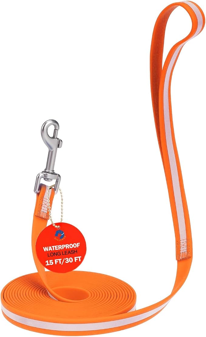 Waterproof Long Dog Leash 15FT, Heavy Duty Recall Training Lead with Non-Slip Padded Handle&Reflective Threads, Durable Long Line for Large Medium Dogs, Outdoor Hiking Camping Beach Swimming