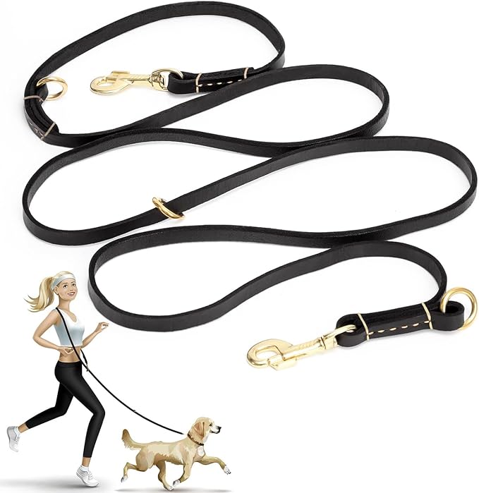 Guiding Star 8ft Leather Dog Leash - Soft Multi-function 6 in 1 Training Walking Leash, Hands Free, Dual, Crossbody for Small, Medium and Large Dogs, Service Dogs, Black