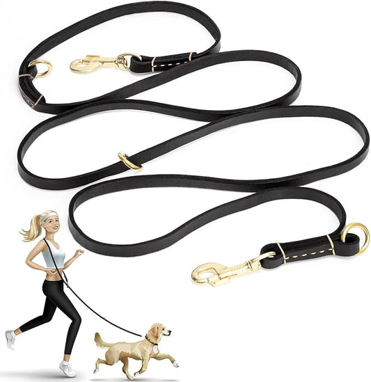 Guiding Star 8ft Leather Dog Leash - Soft Multi-function 6 in 1 Training Walking Leash, Hands Free, Dual, Crossbody for Small, Medium and Large Dogs, Service Dogs, Black
