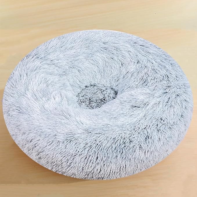 Calming Donut Dog Bed, 24 Inch Round Fluffy Cats Beds for Small Medium Dogs and Cats, Washable Anti-Anxiety Plush Dogs Beds Mute Base Warming Cozy Soft Pet Puppy Bed, Grey White