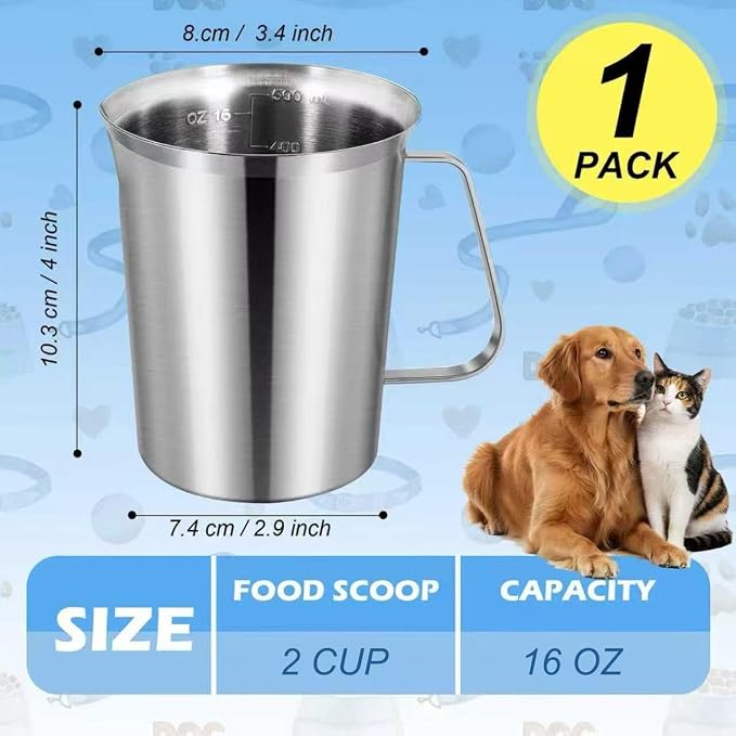 2 Cup Dog Food Scoop 304 Stainless Steel Dog Food Measuring Cups Pet Food Measuring Cups Scoop for Dog,Cat or Bird Food, Injection Molded and Dishwasher Safe