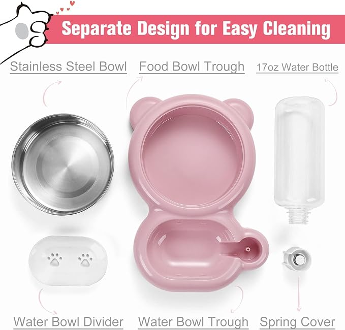 Double Dog Cat Bowls, Cat Food and Water Bowl Set with Auto-Water Dispenser and Stainless Steel Bowl Feeder for Small Size Dogs & Cats, Anti-Slip & Splash Design, Cute Pink