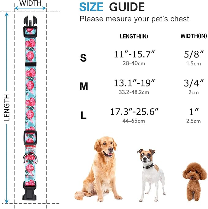 Girl Dog Collars Summer Floral Rose Print, Female Flower Collar, Turquoise, Large