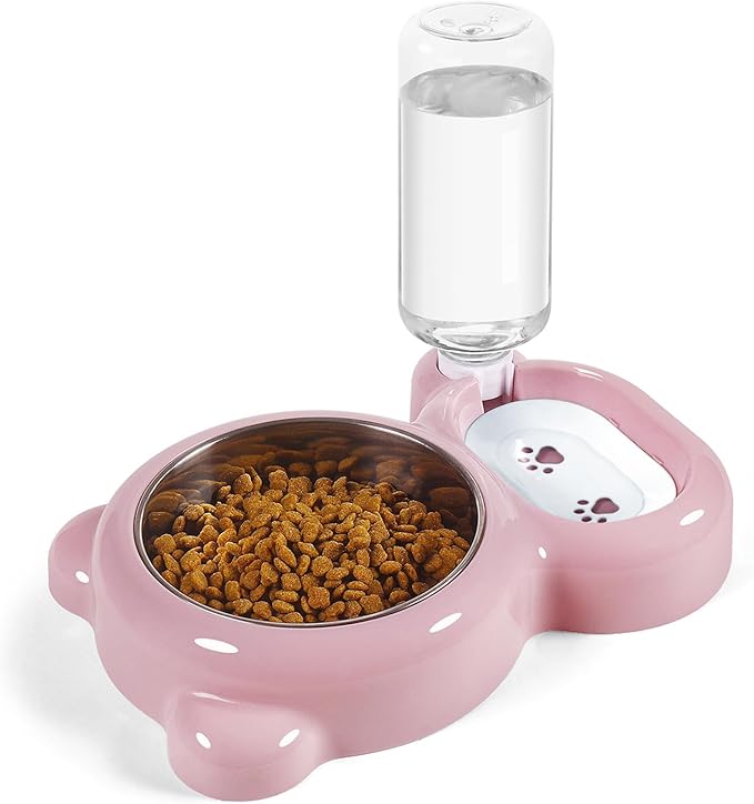 Double Dog Cat Bowls, Cat Food and Water Bowl Set with Auto-Water Dispenser and Stainless Steel Bowl Feeder for Small Size Dogs & Cats, Anti-Slip & Splash Design, Cute Pink