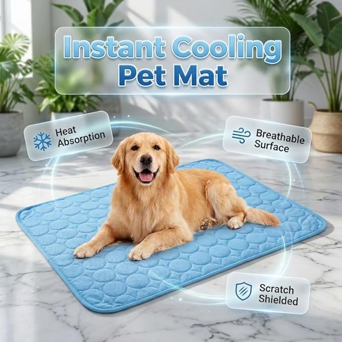 Dog Cooling Mat, 2026 New Cool Pet Pad, Self-Cooling, Pressure Activated Mat for Dogs & Cats, Stay Cool & Dry, Washable, Non-Slip Pet Bed Mat for Floors, Sofas, Kennels (Blue, L( 27.6 x 21.7 in))