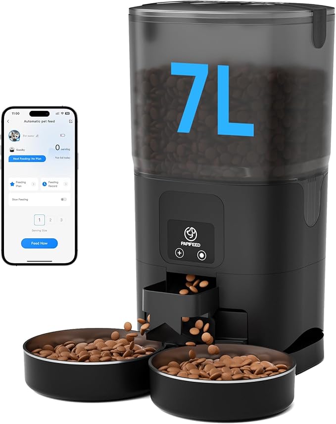 PAPIFEED Automatic Cat Feeder 2 Cats, 2.4G WiFi Cat Food Dispenser with App, 7L Slow Feeder Timed Cat Feeder for Dry Food, 10 Meals/Day, 12 Portions/Meal, Smart Pet Feeder for Dog, Black